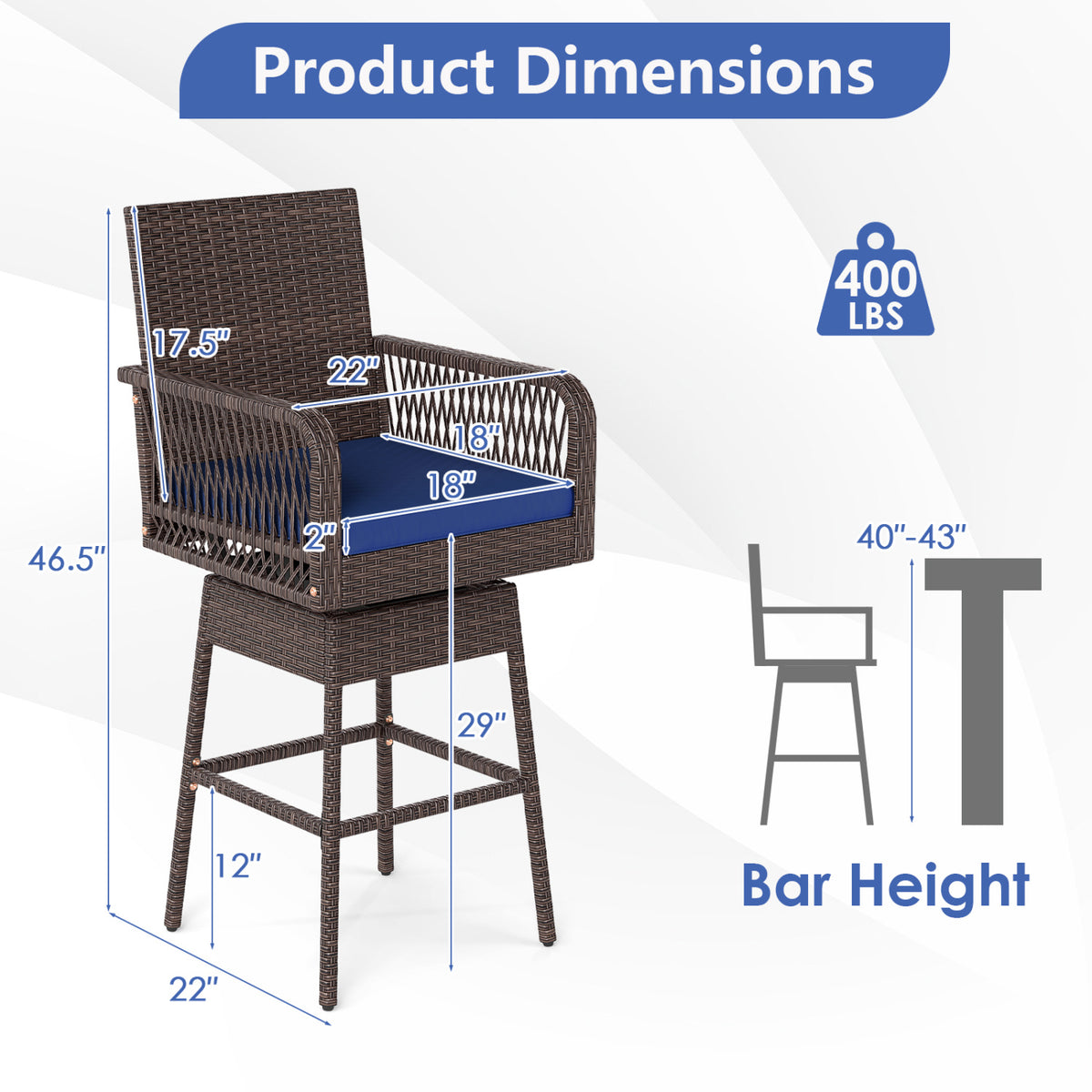 29” Bar Height Patio 360° Swivel Stool with Cross-Woven Armrests
