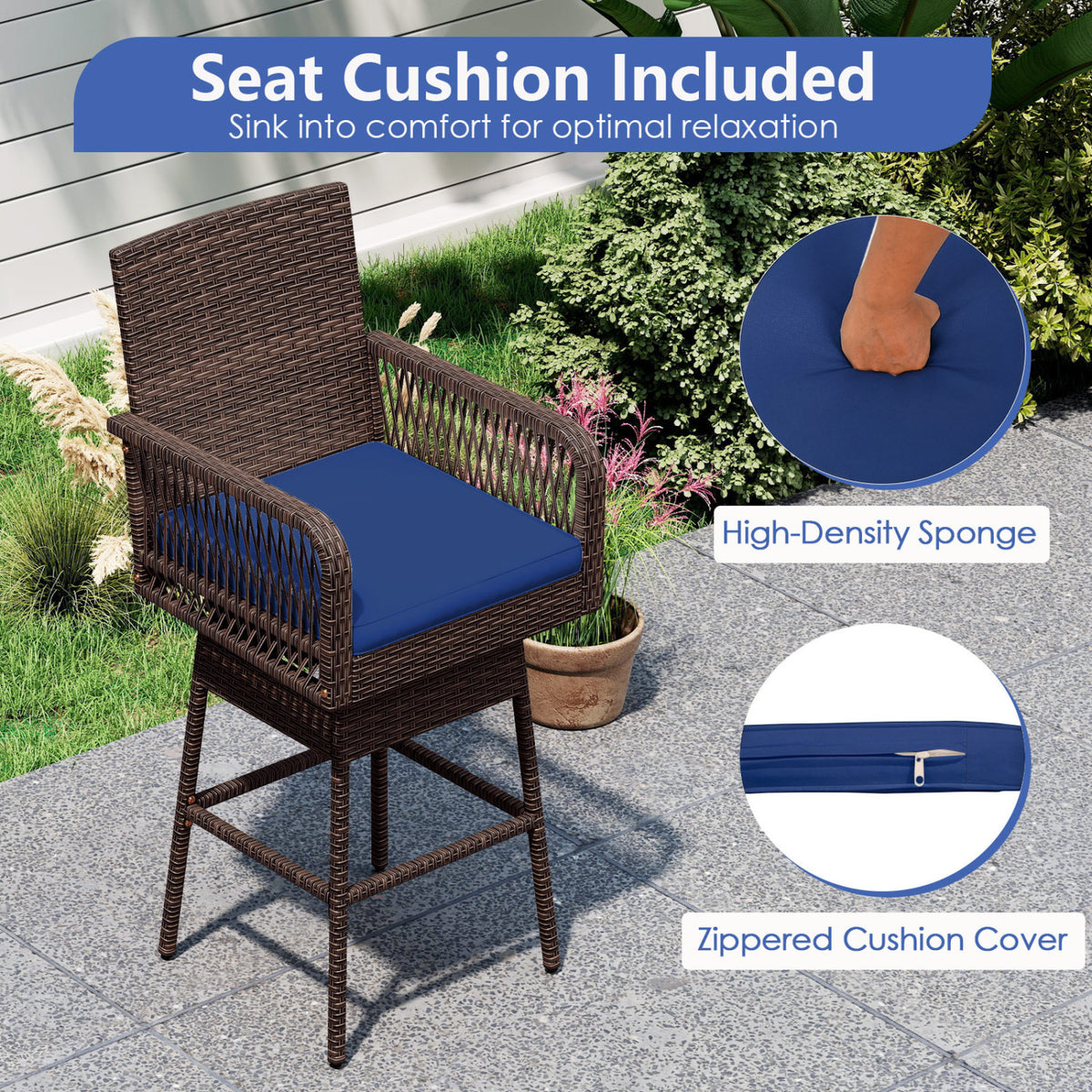 29” Bar Height Patio 360° Swivel Stool with Cross-Woven Armrests