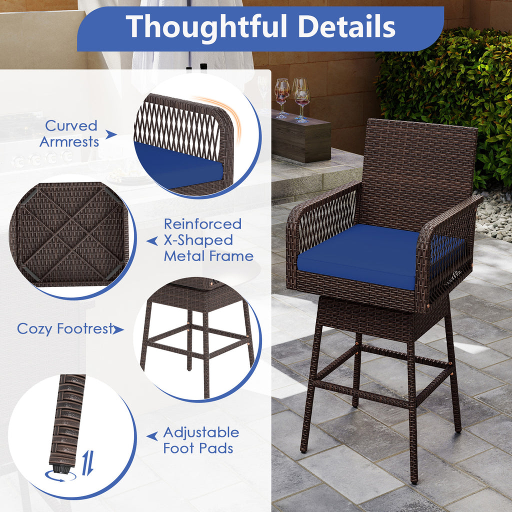 29” Bar Height Patio 360° Swivel Stool with Cross-Woven Armrests