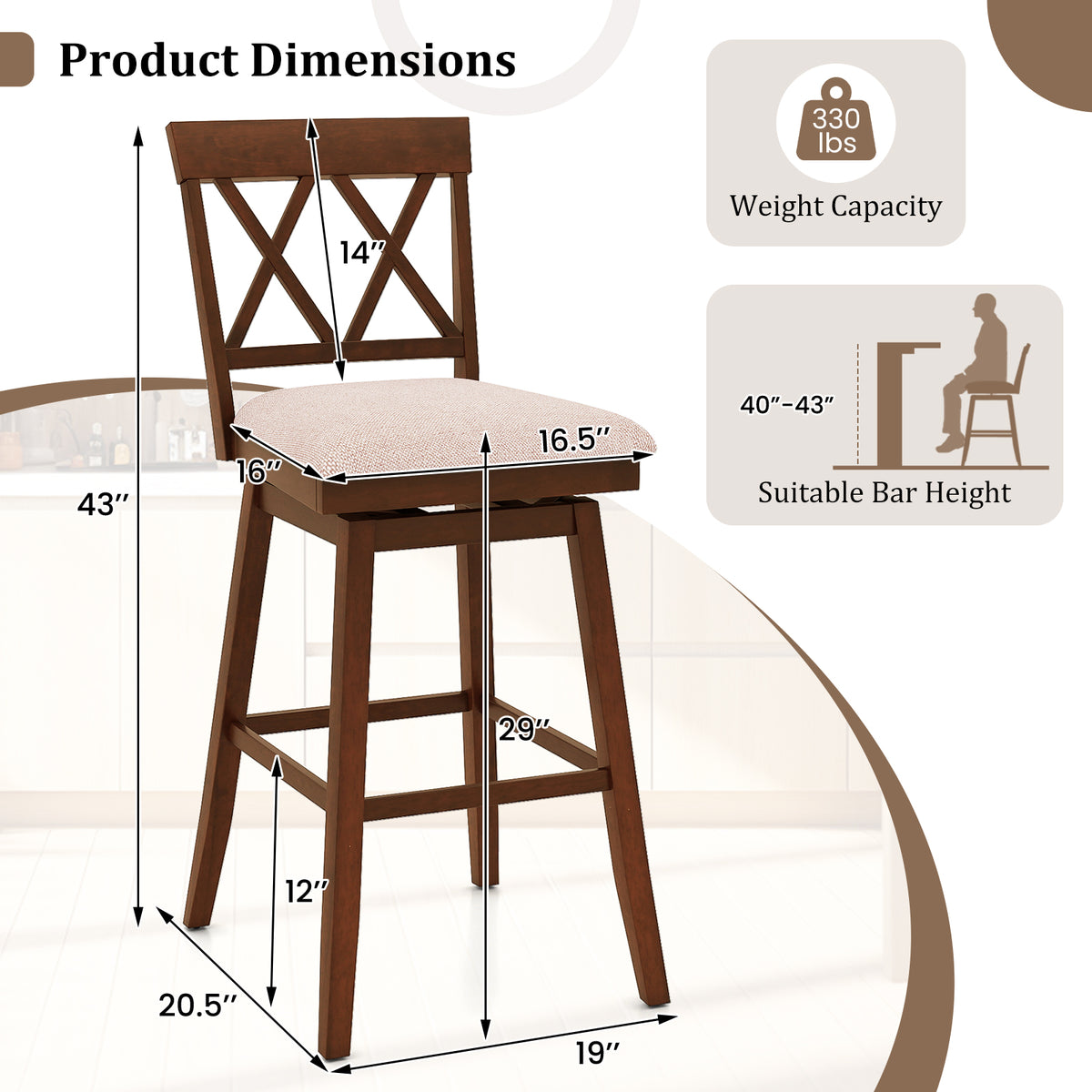 29 Inch Counter Height Barstool with Backrest - Oak, 1 Piece