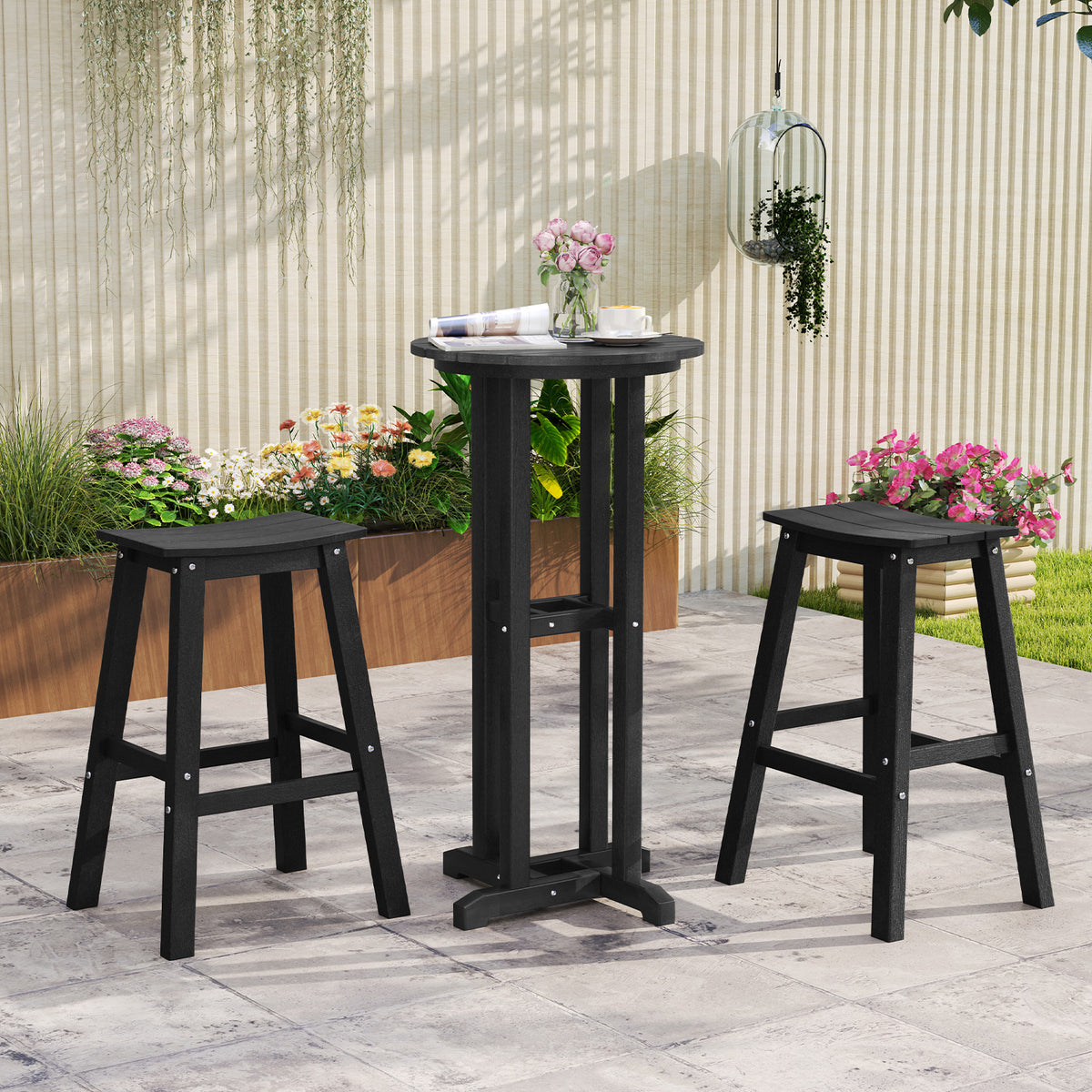 29" Patio Bar Stool Set of 2, HDPE Armless - Black