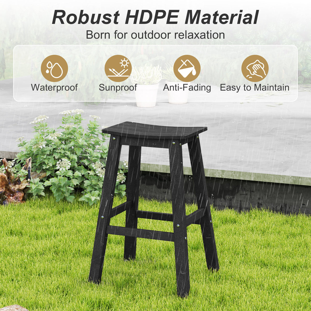 29" Patio Bar Stool Set of 2, HDPE Armless - Black