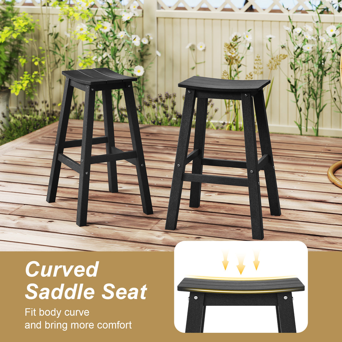29" Patio Bar Stool Set of 2, HDPE Armless - Black