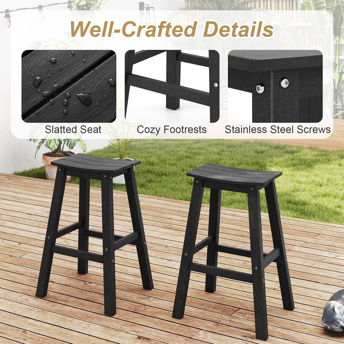 29" Patio Bar Stool Set of 2, HDPE Armless - Black