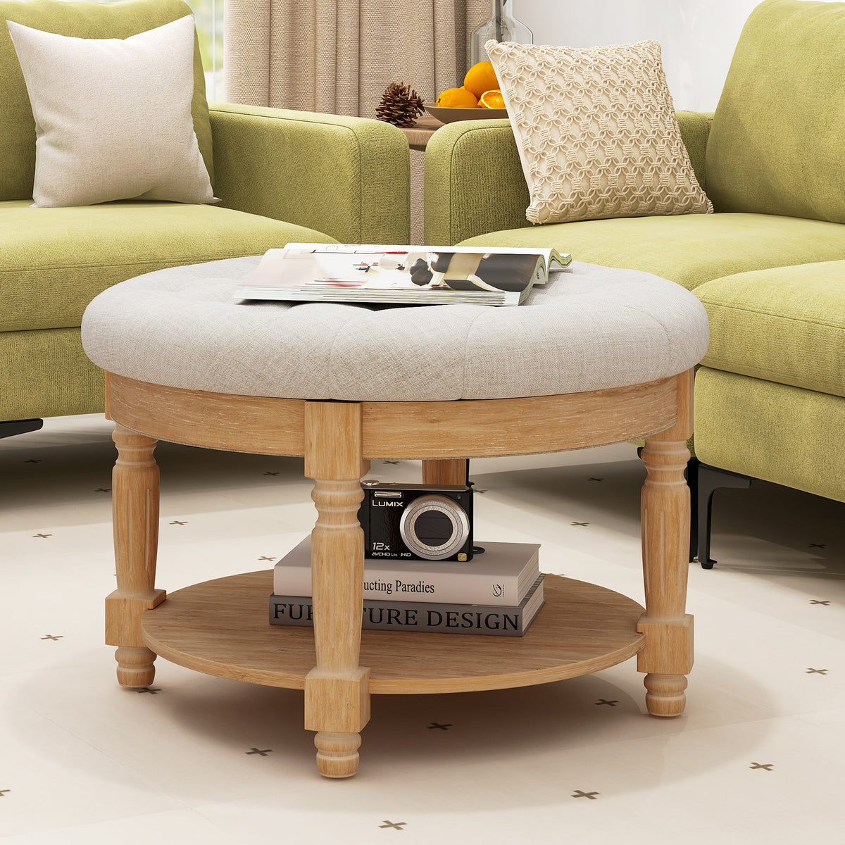 29" Round Ottoman Coffee Table with Flip-up Top - Beige