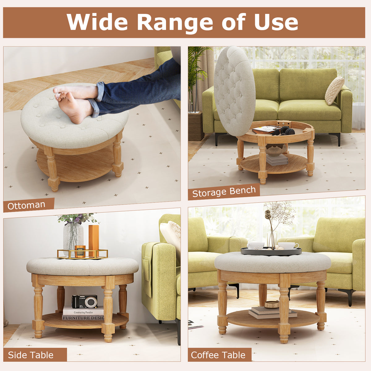 29" Round Ottoman Coffee Table with Flip-up Top - Beige