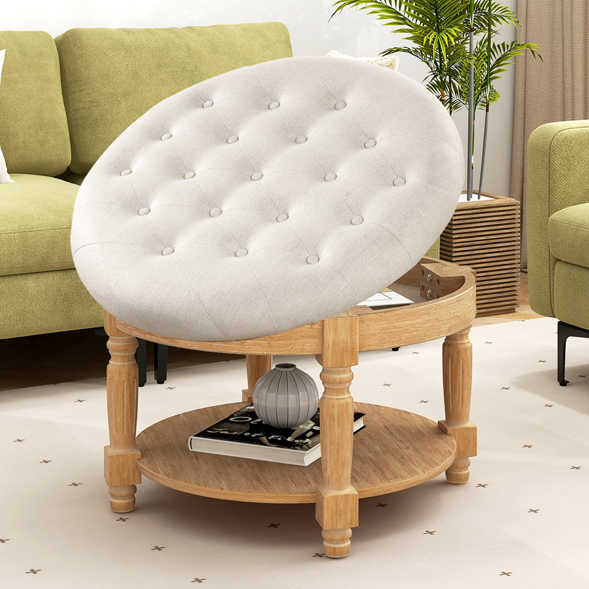29" Round Ottoman Coffee Table with Flip-up Top - Beige