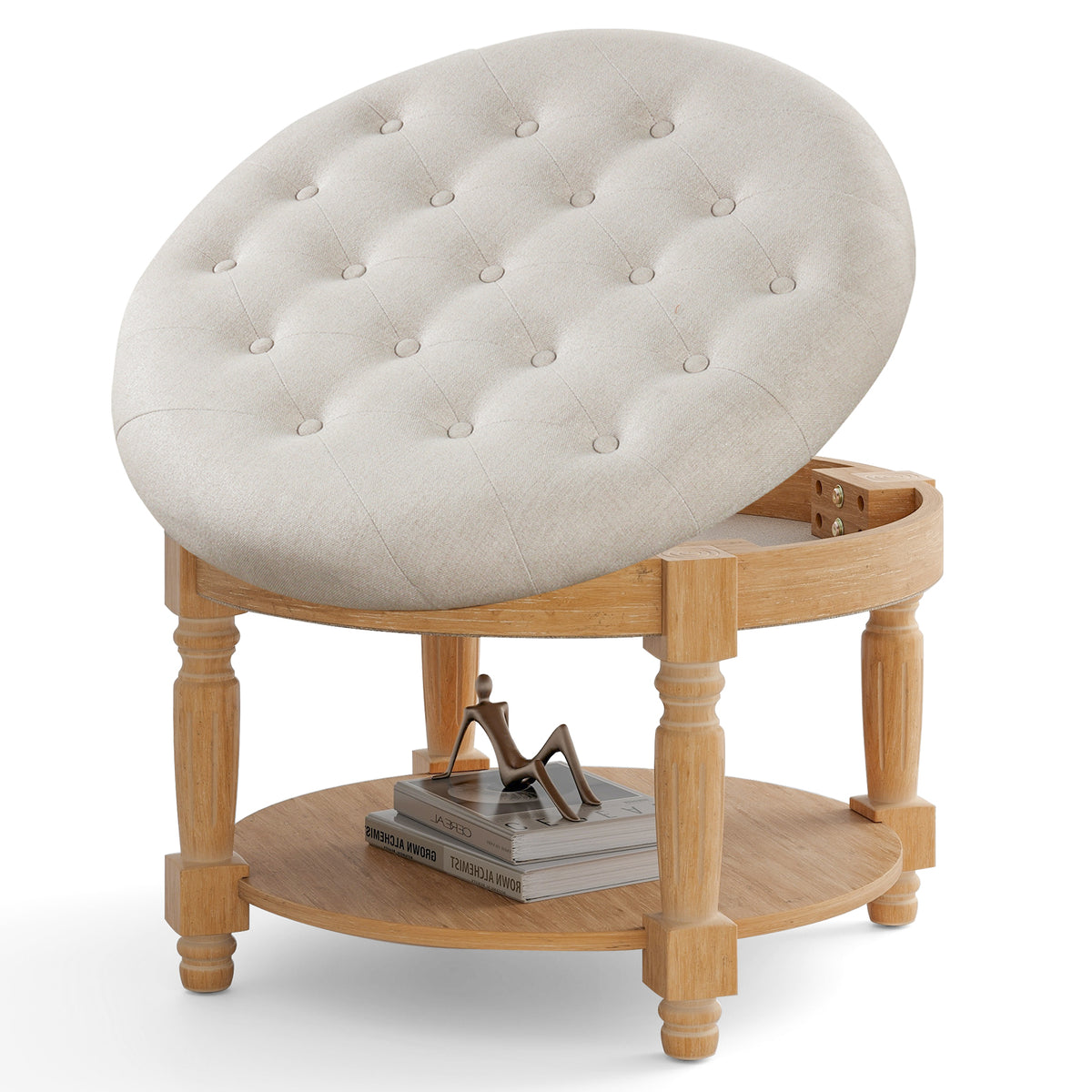 29" Round Ottoman Coffee Table with Flip-up Top - Beige