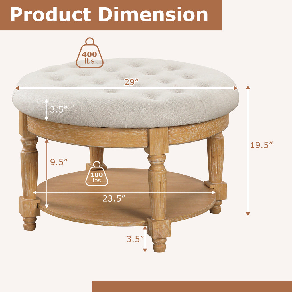 29" Round Ottoman Coffee Table with Flip-up Top - Beige