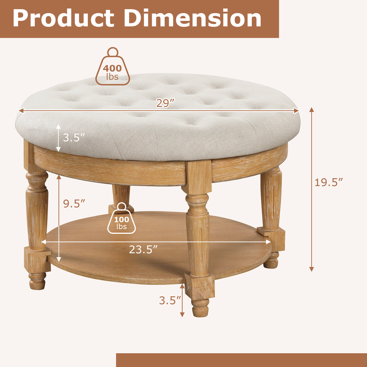 29" Round Ottoman Coffee Table with Flip-up Top - Beige