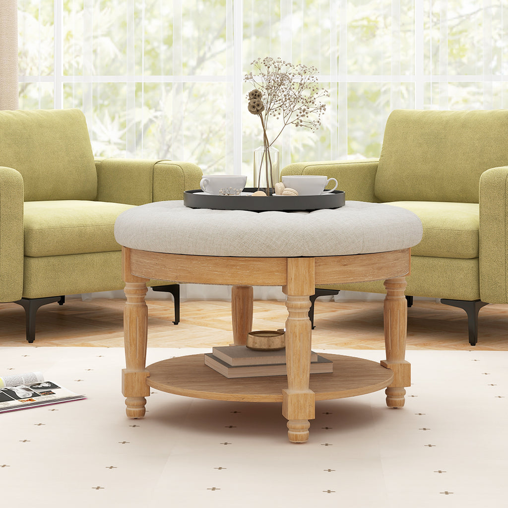 29" Round Ottoman Coffee Table with Flip-up Top - Beige