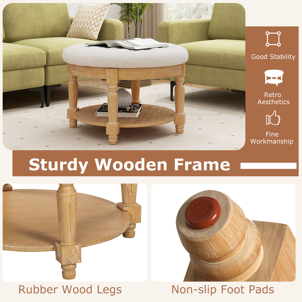 29" Round Ottoman Coffee Table with Flip-up Top - Beige