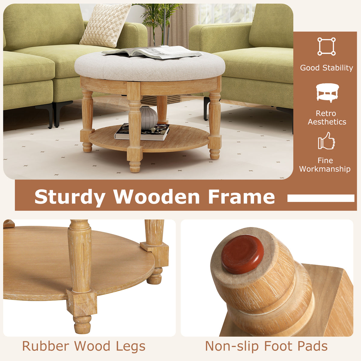 29" Round Ottoman Coffee Table with Flip-up Top - Beige