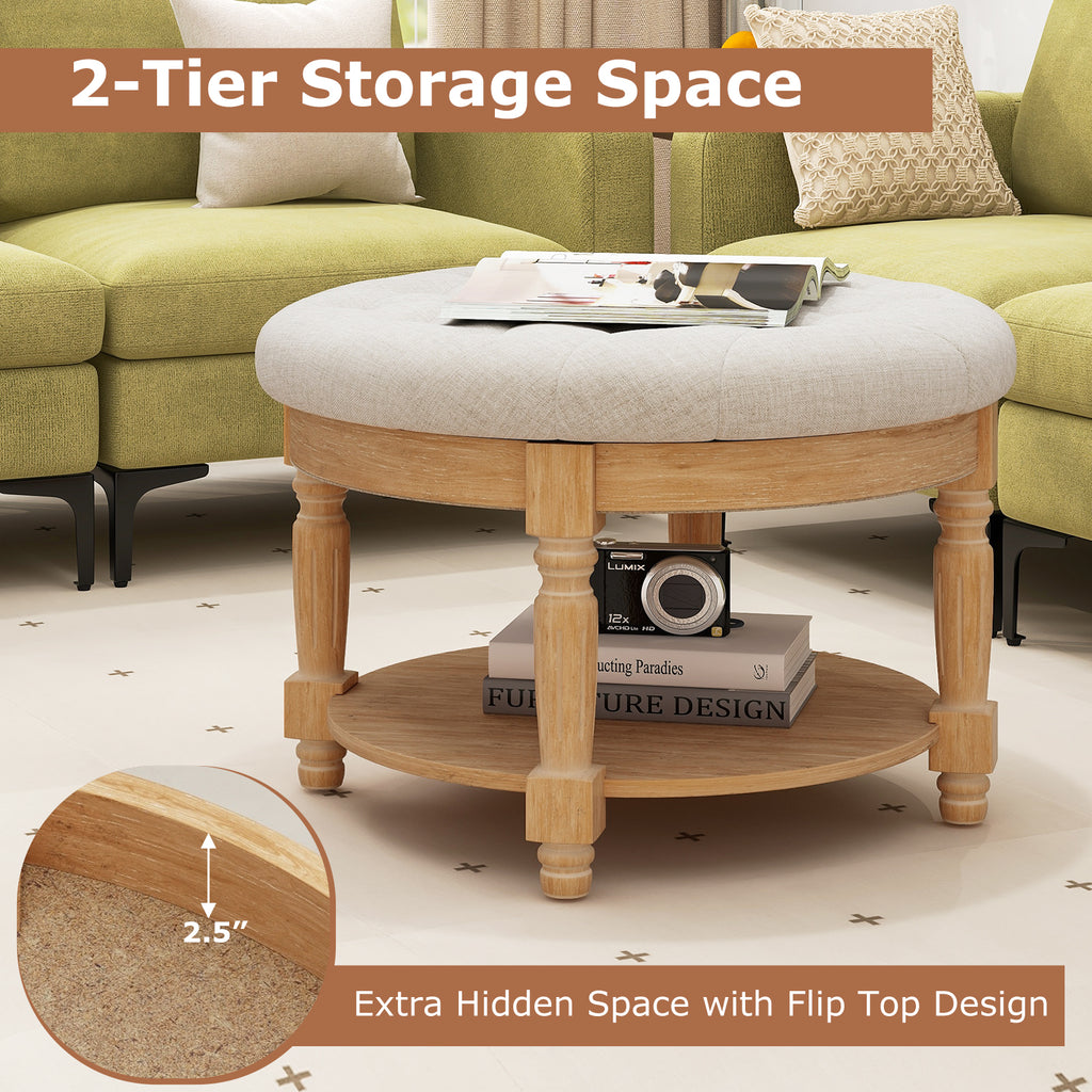 29" Round Ottoman Coffee Table with Flip-up Top - Beige