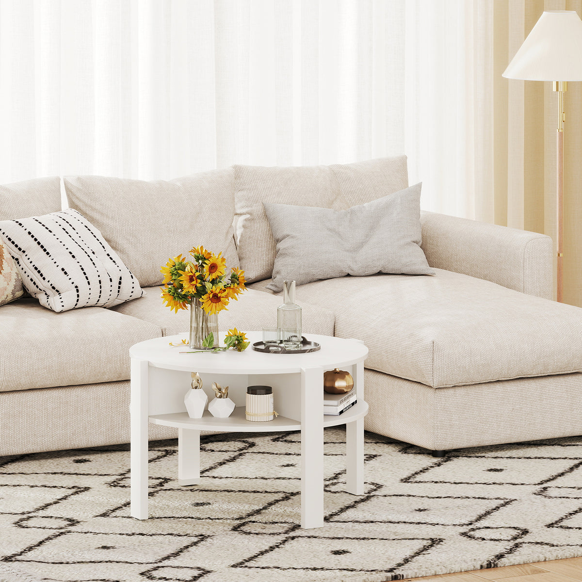 29.5 Inch Round Coffee Table with Storage Shelves - White