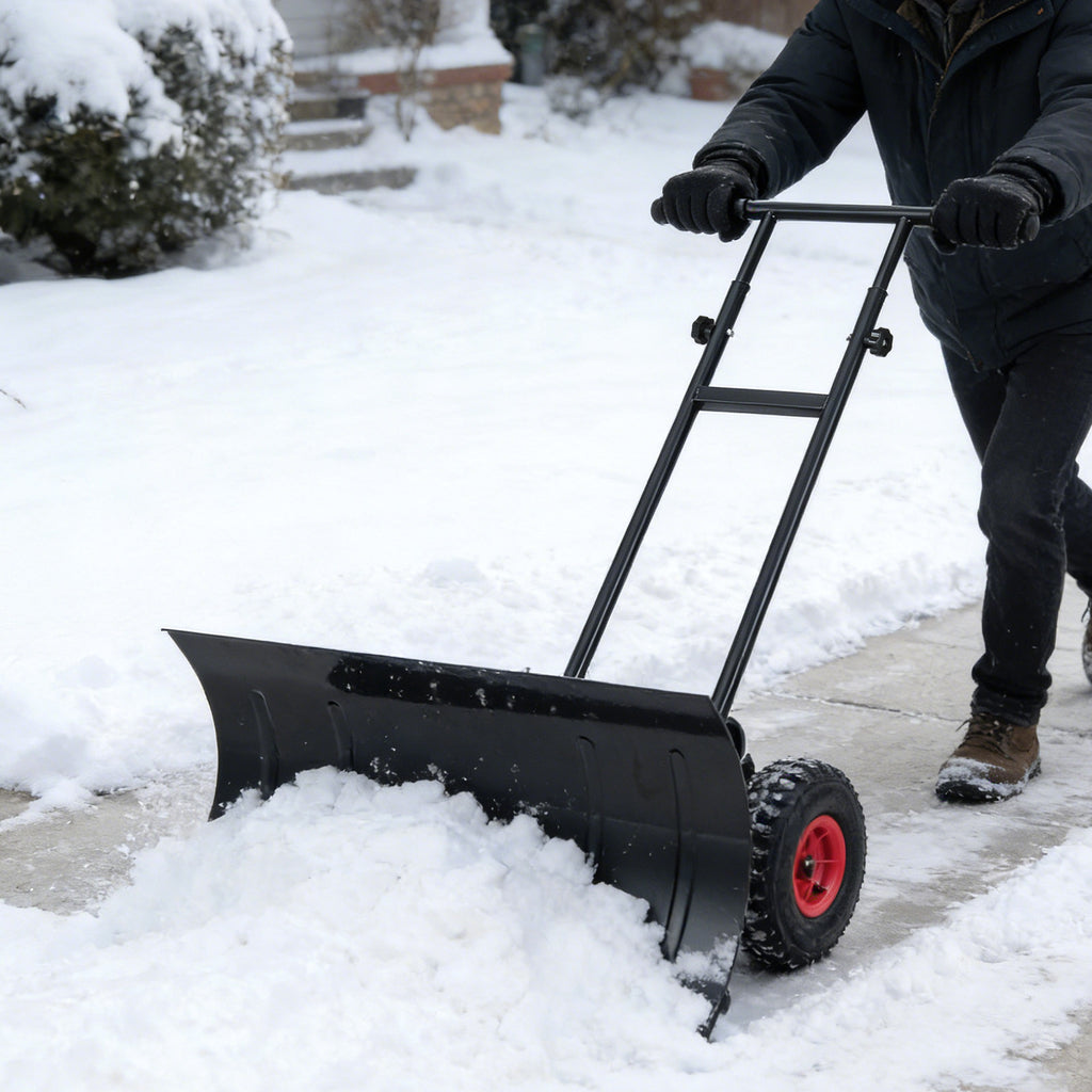 29 Inch Snow Pusher Heavy Duty Metal Shovel with Wheels and