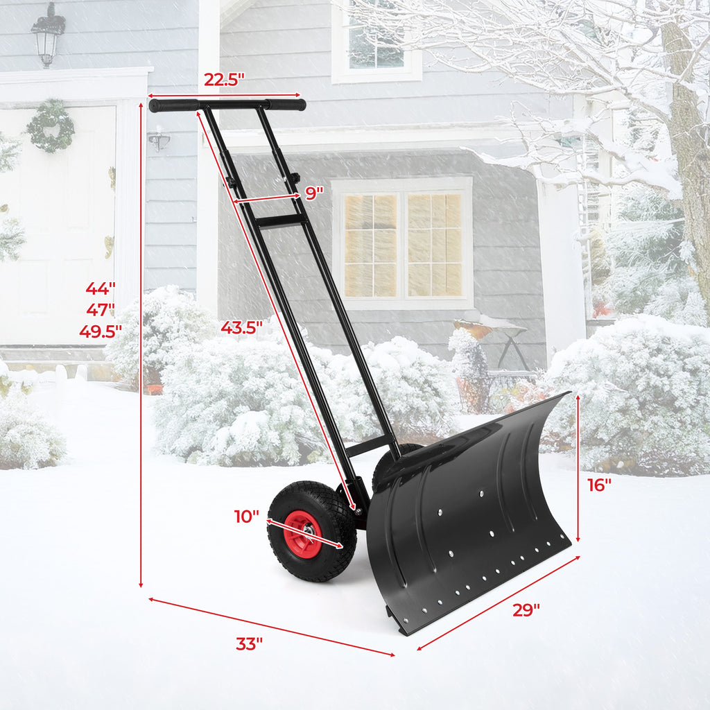 29 Inch Snow Pusher Heavy Duty Metal Shovel with Wheels and