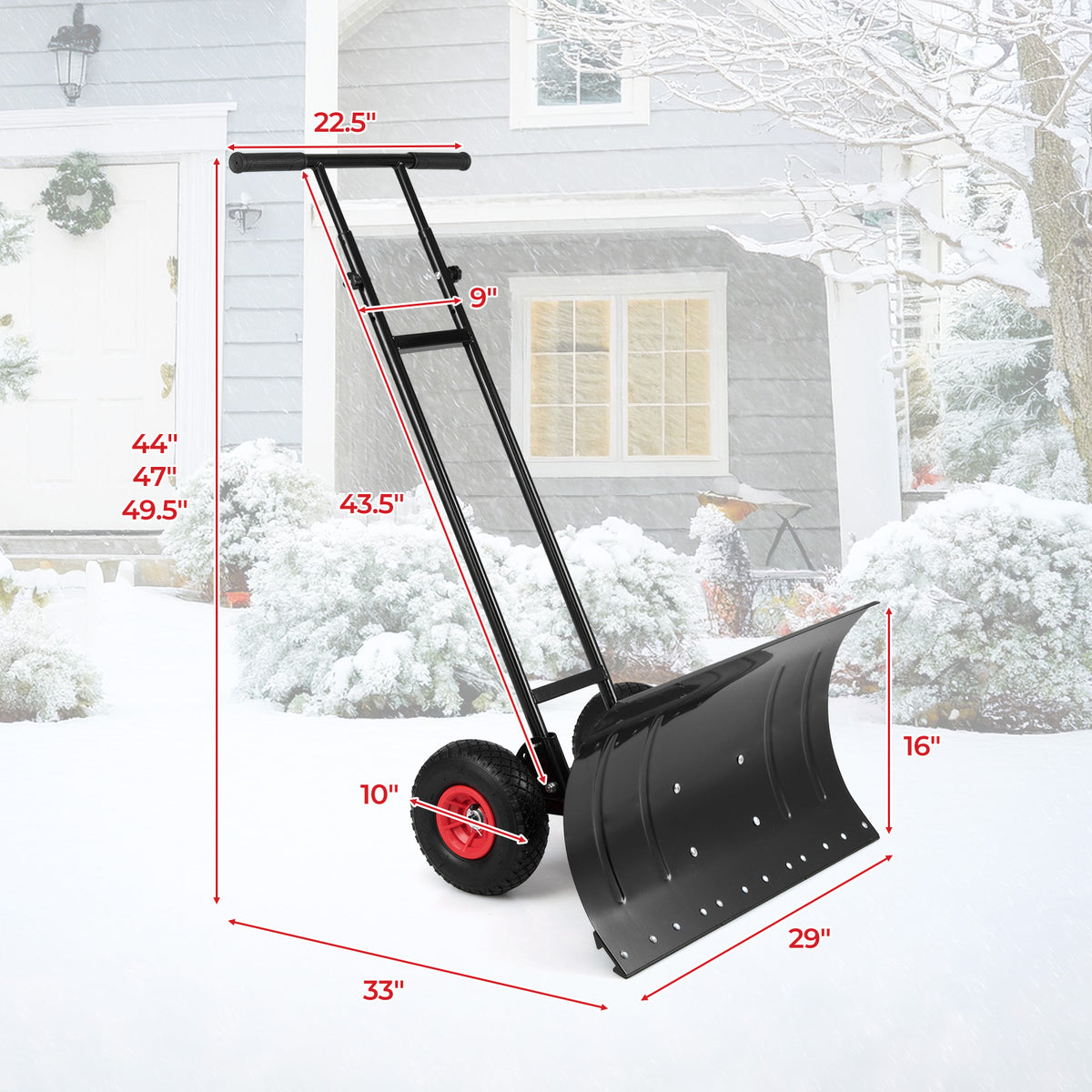 29 Inch Snow Pusher Heavy Duty Metal Shovel with Wheels and