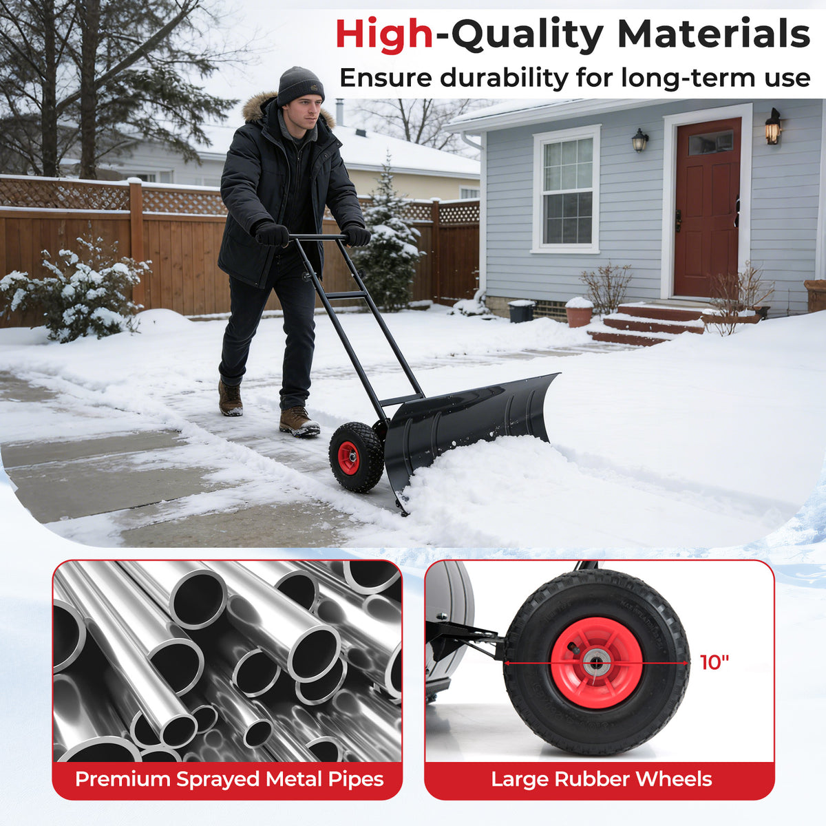 29 Inch Snow Pusher Heavy Duty Metal Shovel with Wheels and