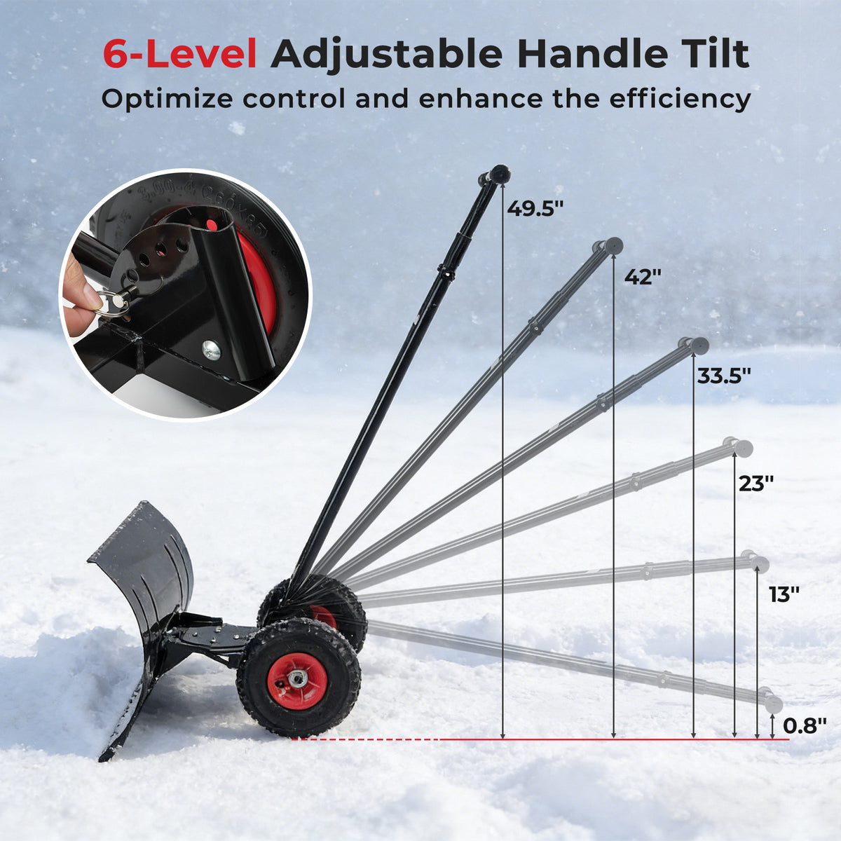 29 Inch Snow Pusher Heavy Duty Metal Shovel with Wheels and