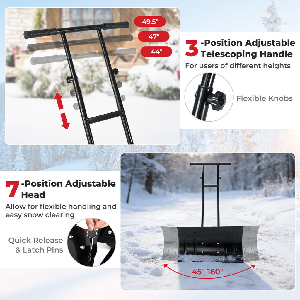 29 Inch Snow Pusher Heavy Duty Metal Shovel with Wheels and