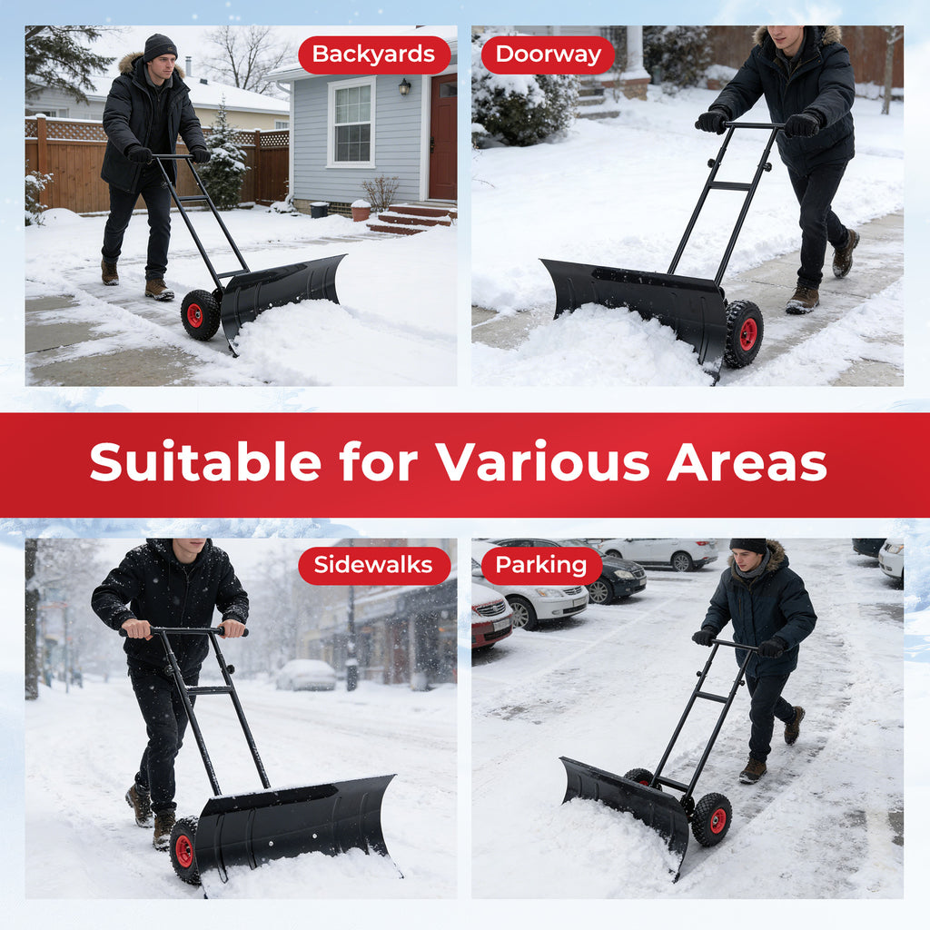 29 Inch Snow Pusher Heavy Duty Metal Shovel with Wheels and