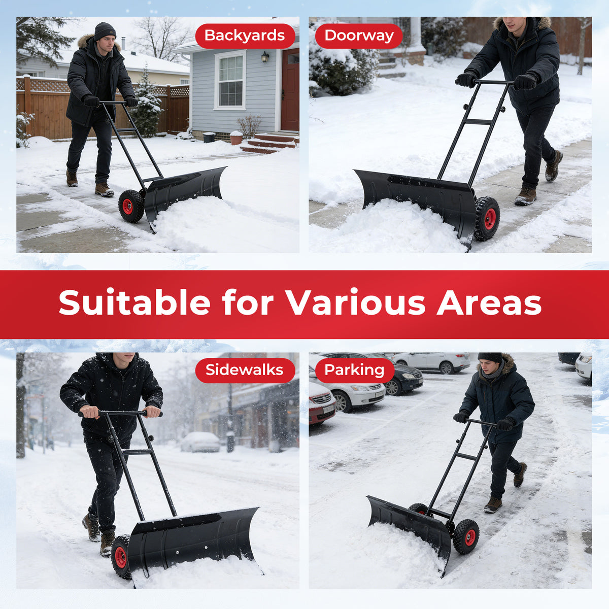 29 Inch Snow Pusher Heavy Duty Metal Shovel with Wheels and