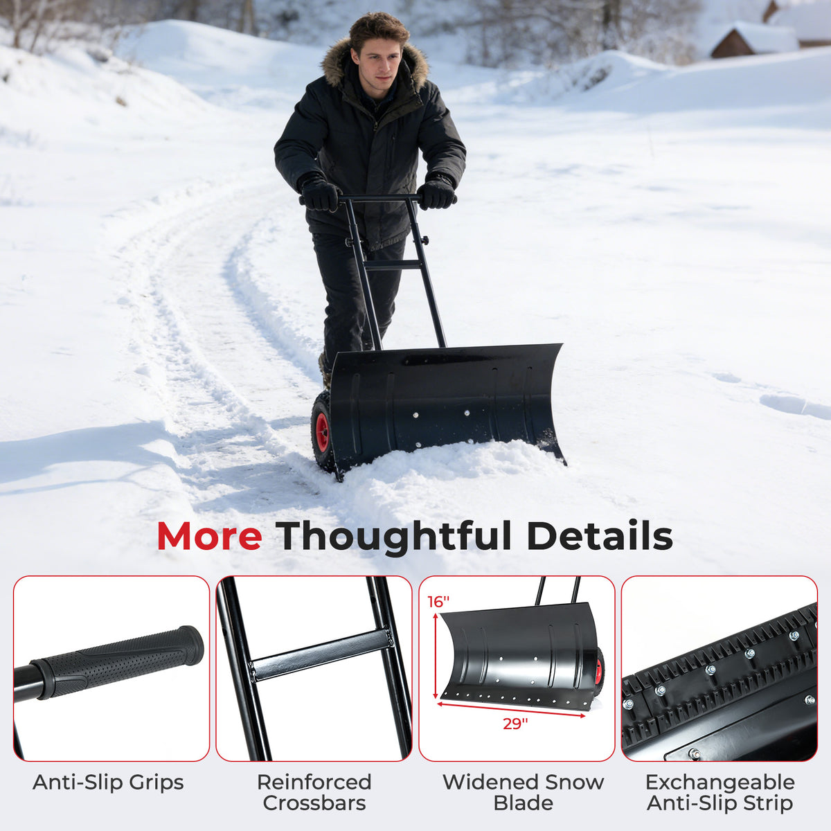 29 Inch Snow Pusher Heavy Duty Metal Shovel with Wheels and