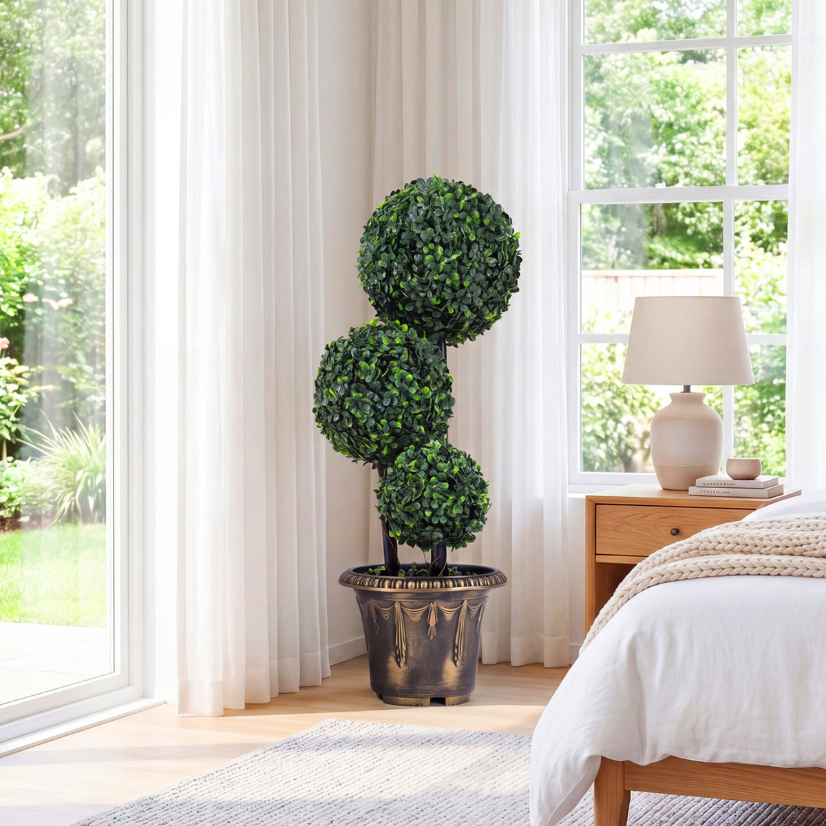 Artificial Boxwood Topiary Tree Set of 1 - 29 Inches Triple Ball Shrubs for Indoor & Outdoor Decor