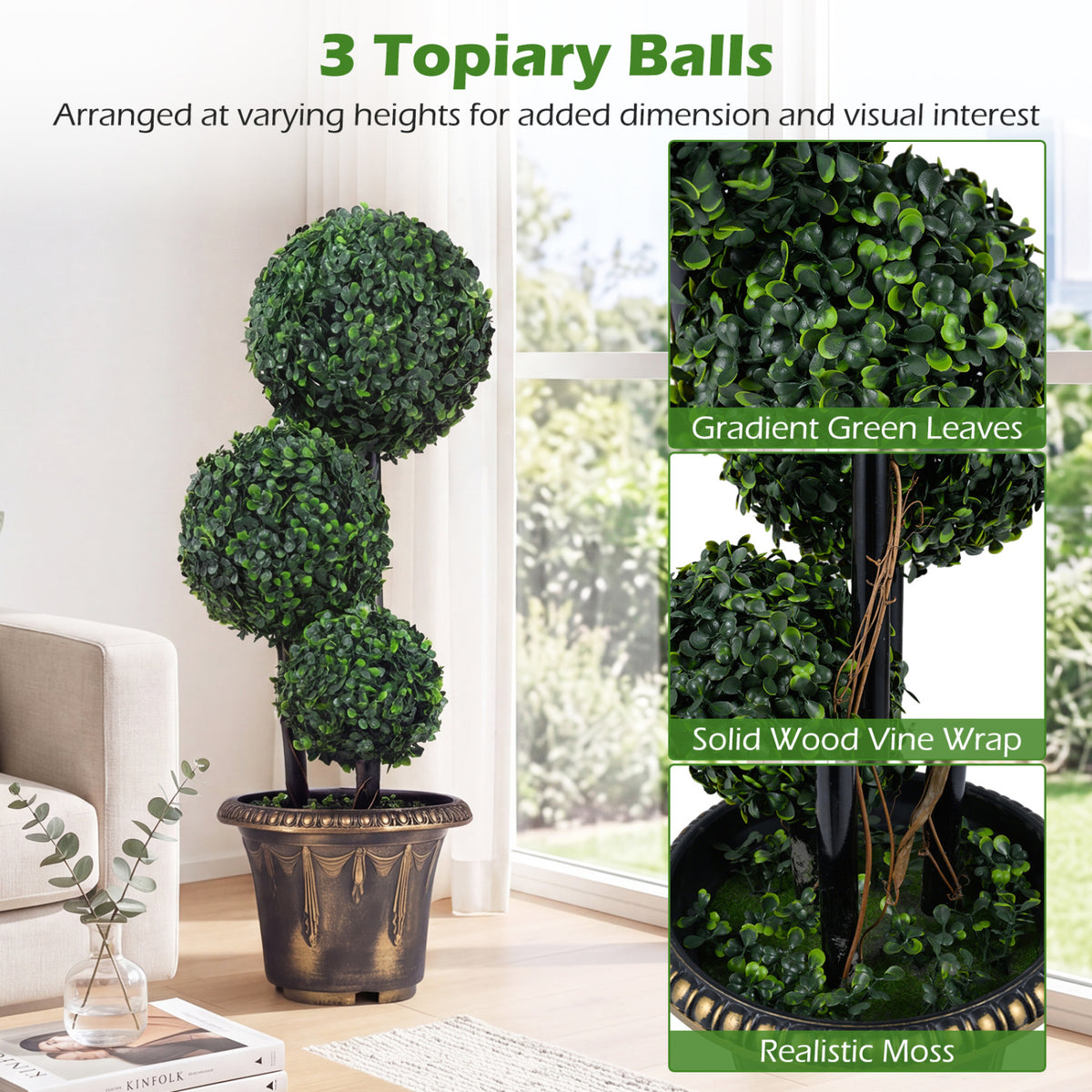 Artificial Boxwood Topiary Tree Set of 1 - 29 Inches Triple Ball Shrubs for Indoor & Outdoor Decor