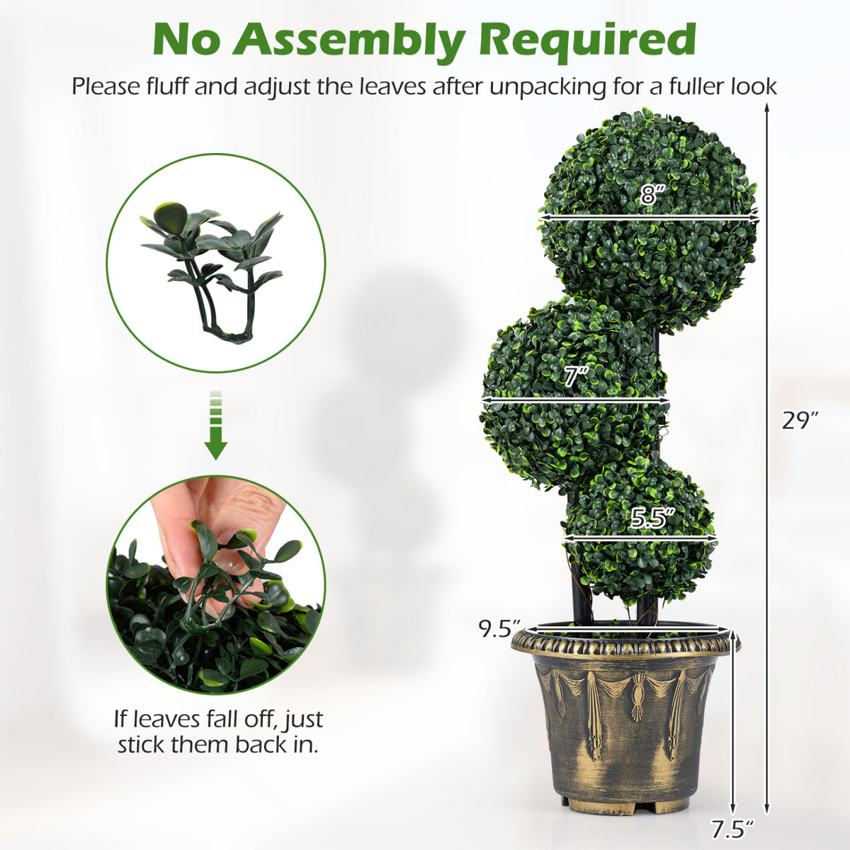 Artificial Boxwood Topiary Tree Set of 1 - 29 Inches Triple Ball Shrubs for Indoor & Outdoor Decor