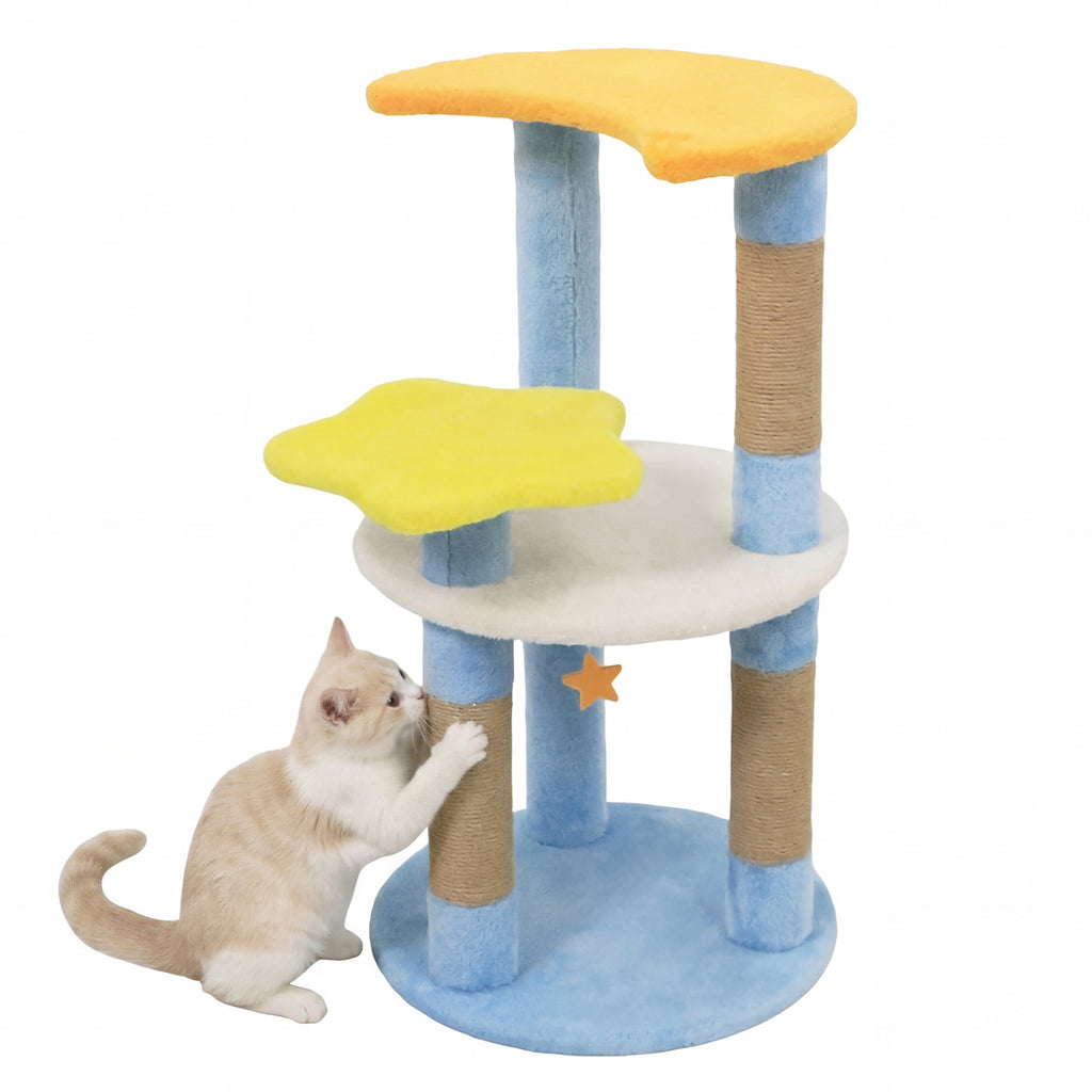 Blue 29-Inch Modern Cat Tree with Moon and Star-Shaped Platforms - Cute & Stable