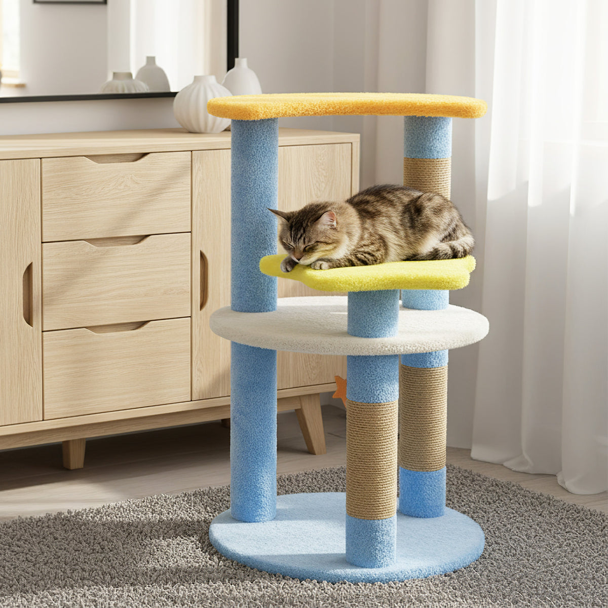 Blue 29-Inch Modern Cat Tree with Moon and Star-Shaped Platforms - Cute & Stable