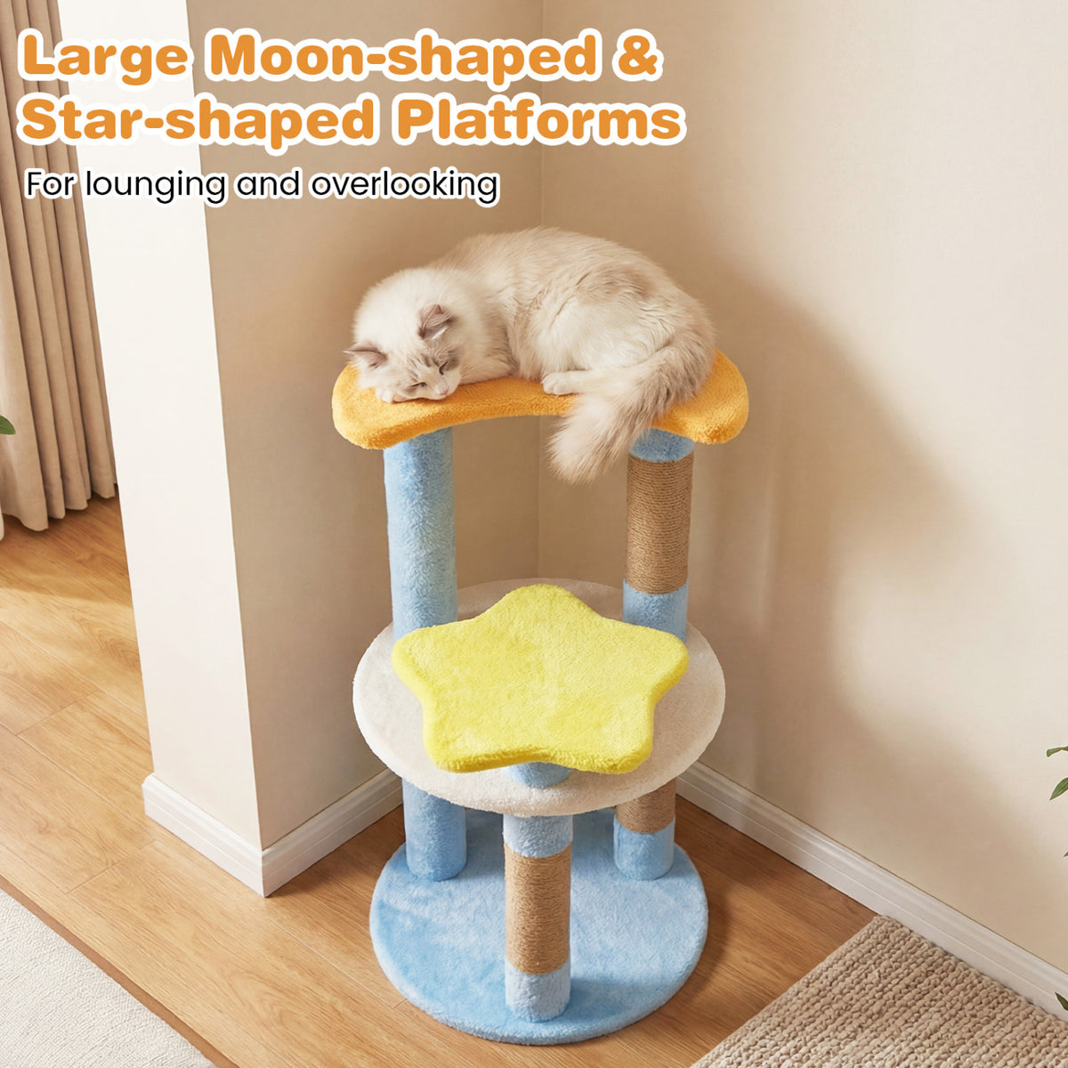 Blue 29-Inch Modern Cat Tree with Moon and Star-Shaped Platforms - Cute & Stable
