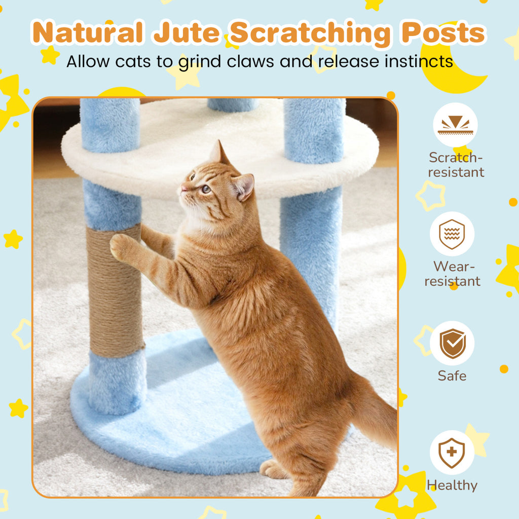 Blue 29-Inch Modern Cat Tree with Moon and Star-Shaped Platforms - Cute & Stable