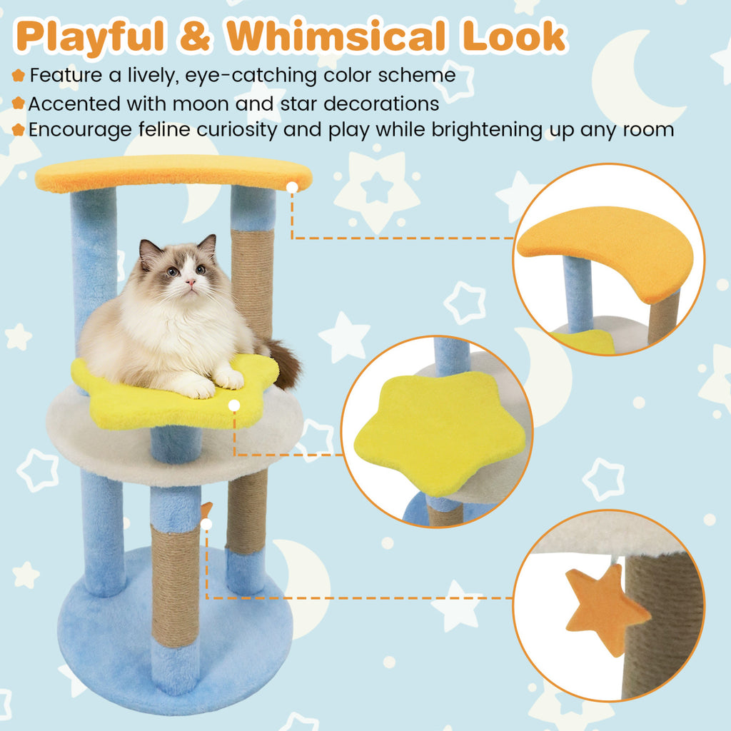 Blue 29-Inch Modern Cat Tree with Moon and Star-Shaped Platforms - Cute & Stable