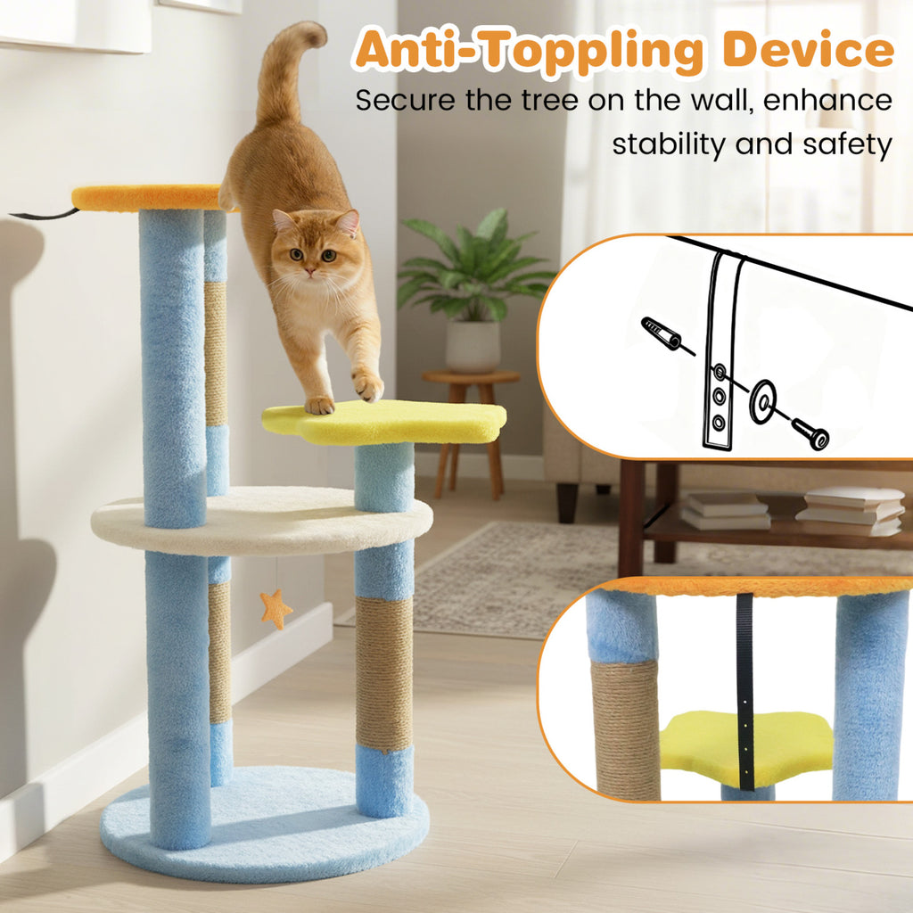 Blue 29-Inch Modern Cat Tree with Moon and Star-Shaped Platforms - Cute & Stable