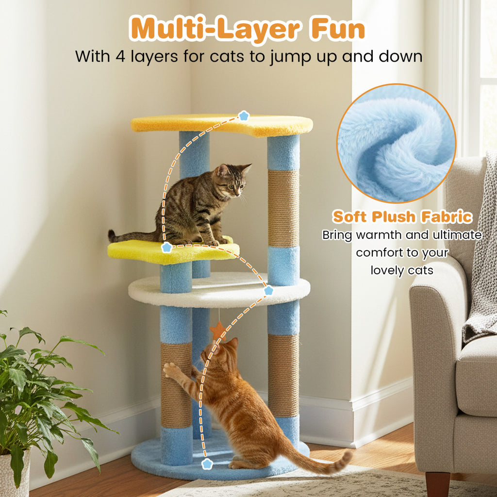 Blue 29-Inch Modern Cat Tree with Moon and Star-Shaped Platforms - Cute & Stable