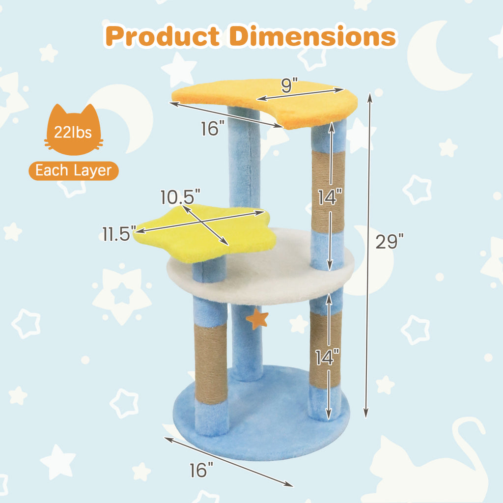 Blue 29-Inch Modern Cat Tree with Moon and Star-Shaped Platforms - Cute & Stable