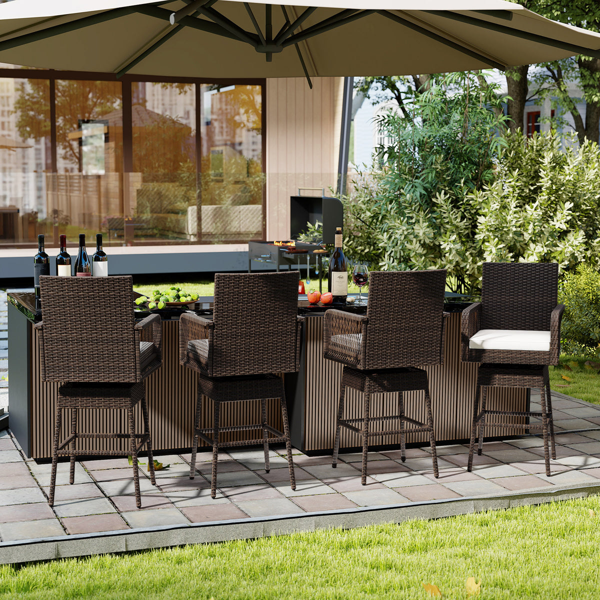 29 Inches Patio 360° Swivel Bar Stool with Cross-Woven Armrests and