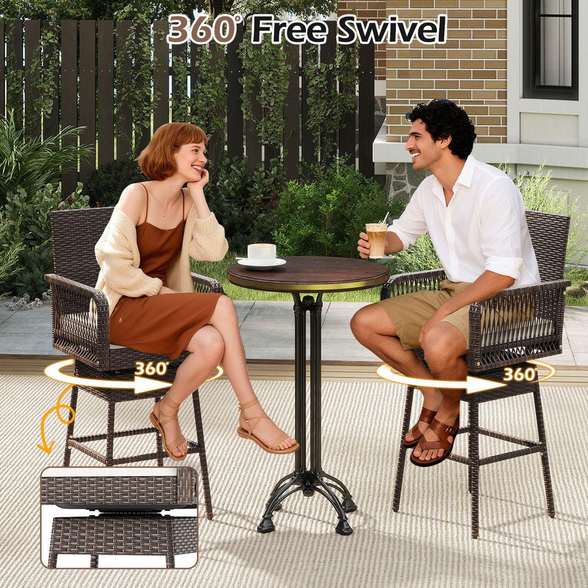 29 Inches Patio 360° Swivel Bar Stool with Cross-Woven Armrests and