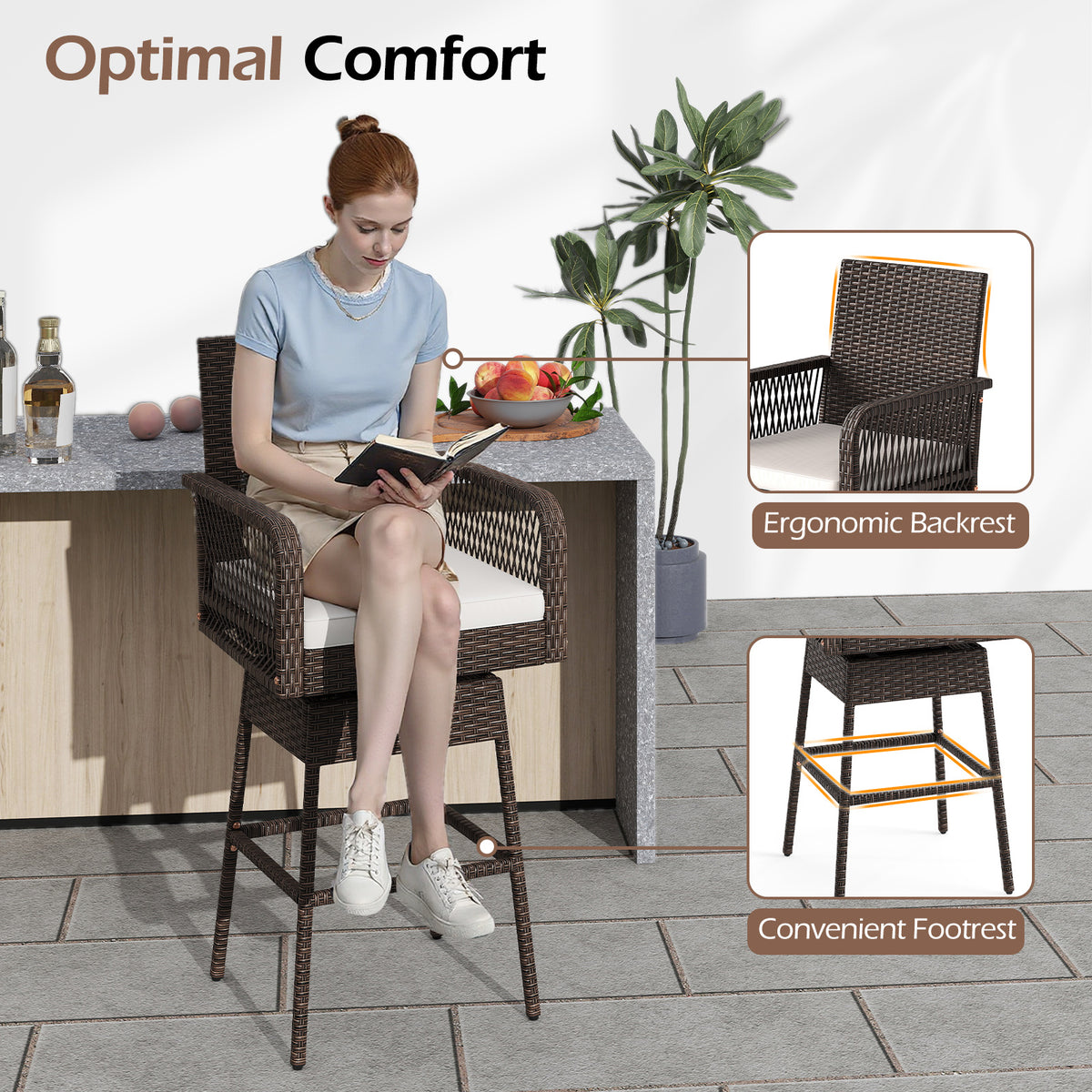 29 Inches Patio 360° Swivel Bar Stool with Cross-Woven Armrests and