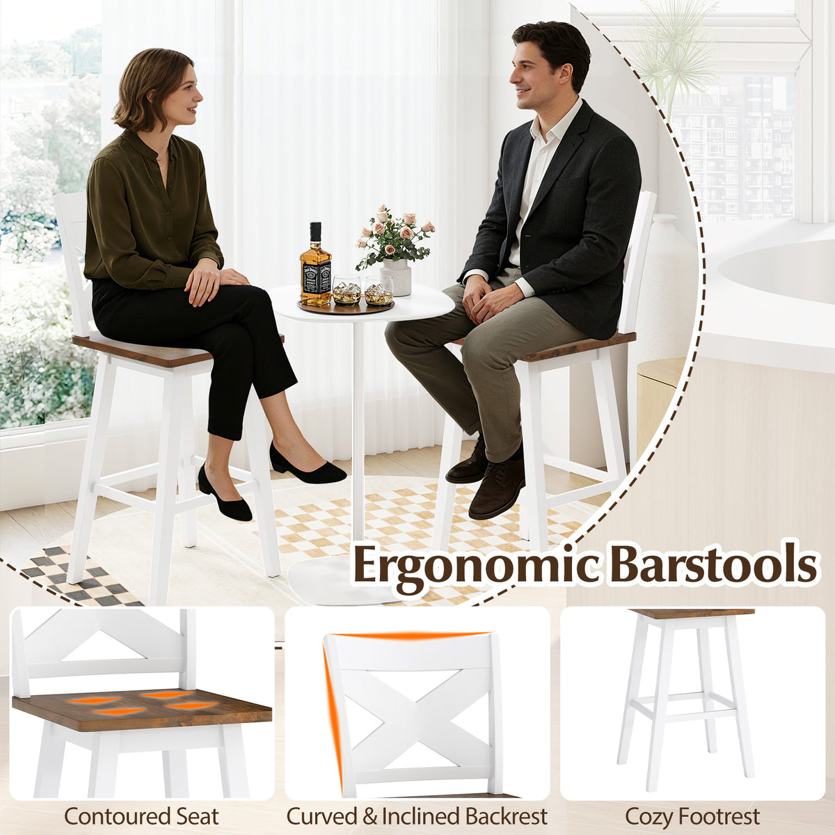 29" Rubberwood Swivel Bar Stools Set of 2, White
