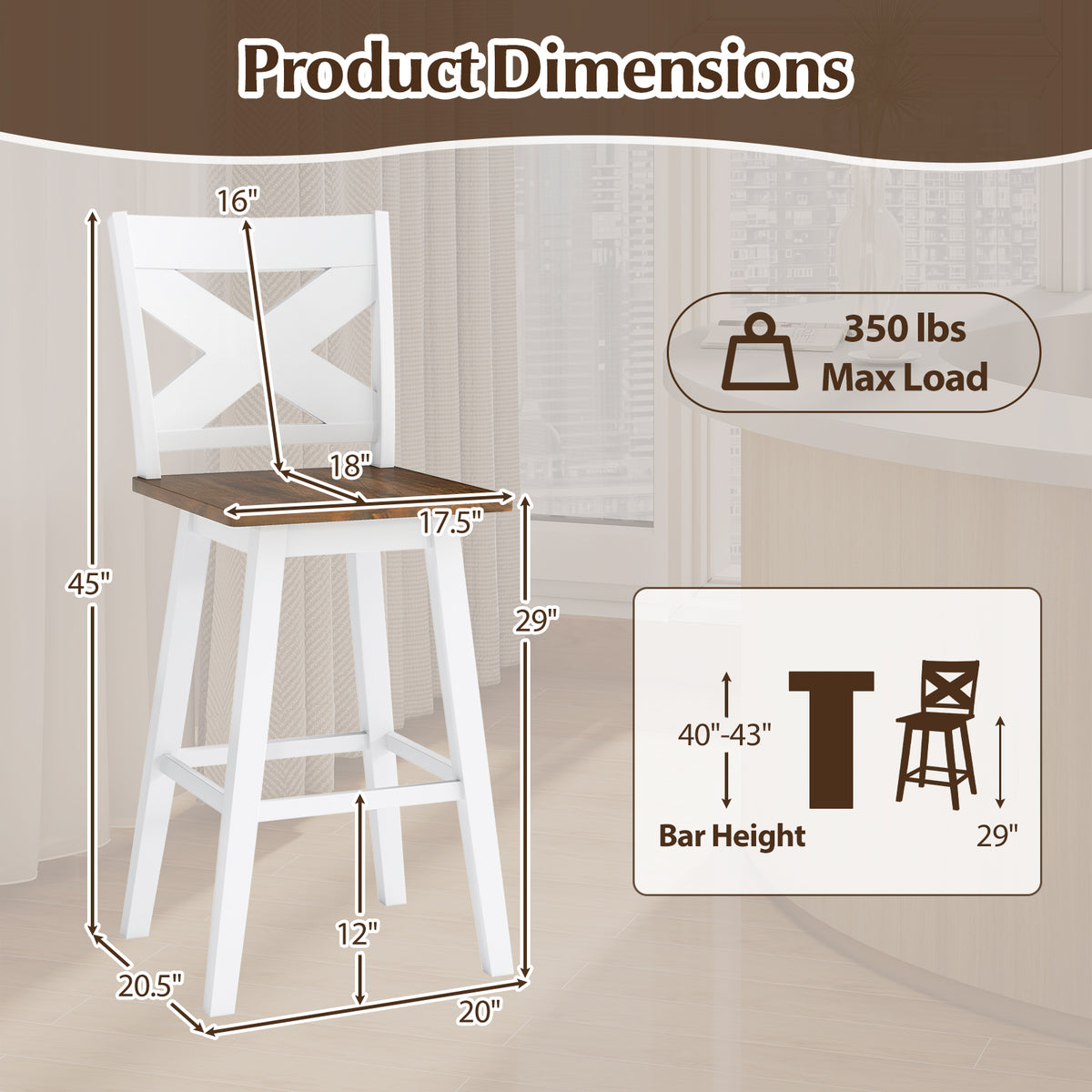29" Rubberwood Swivel Bar Stools Set of 2, White