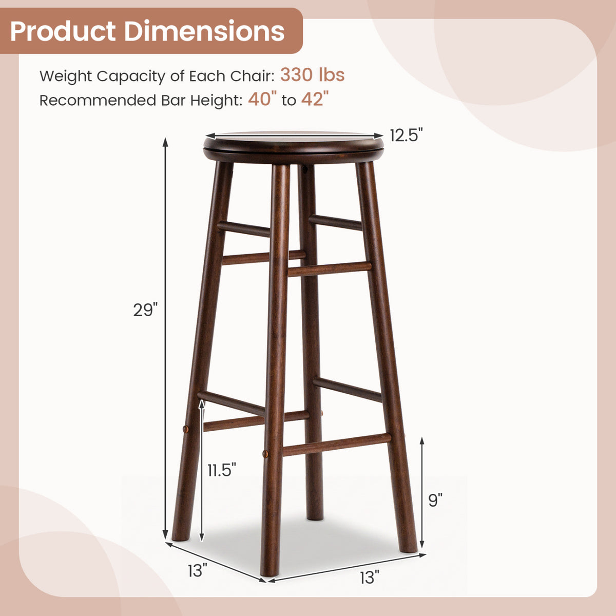 29" Walnut Swivel Bar Stools Set of 2 with Footrests