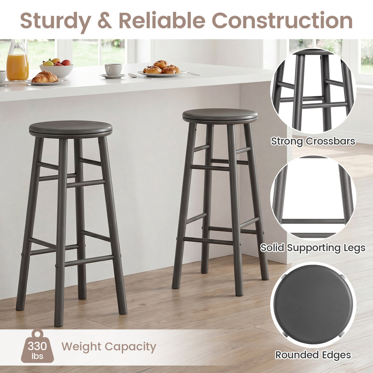 29" Bar Stools Set of 2 with Footrests - Gray