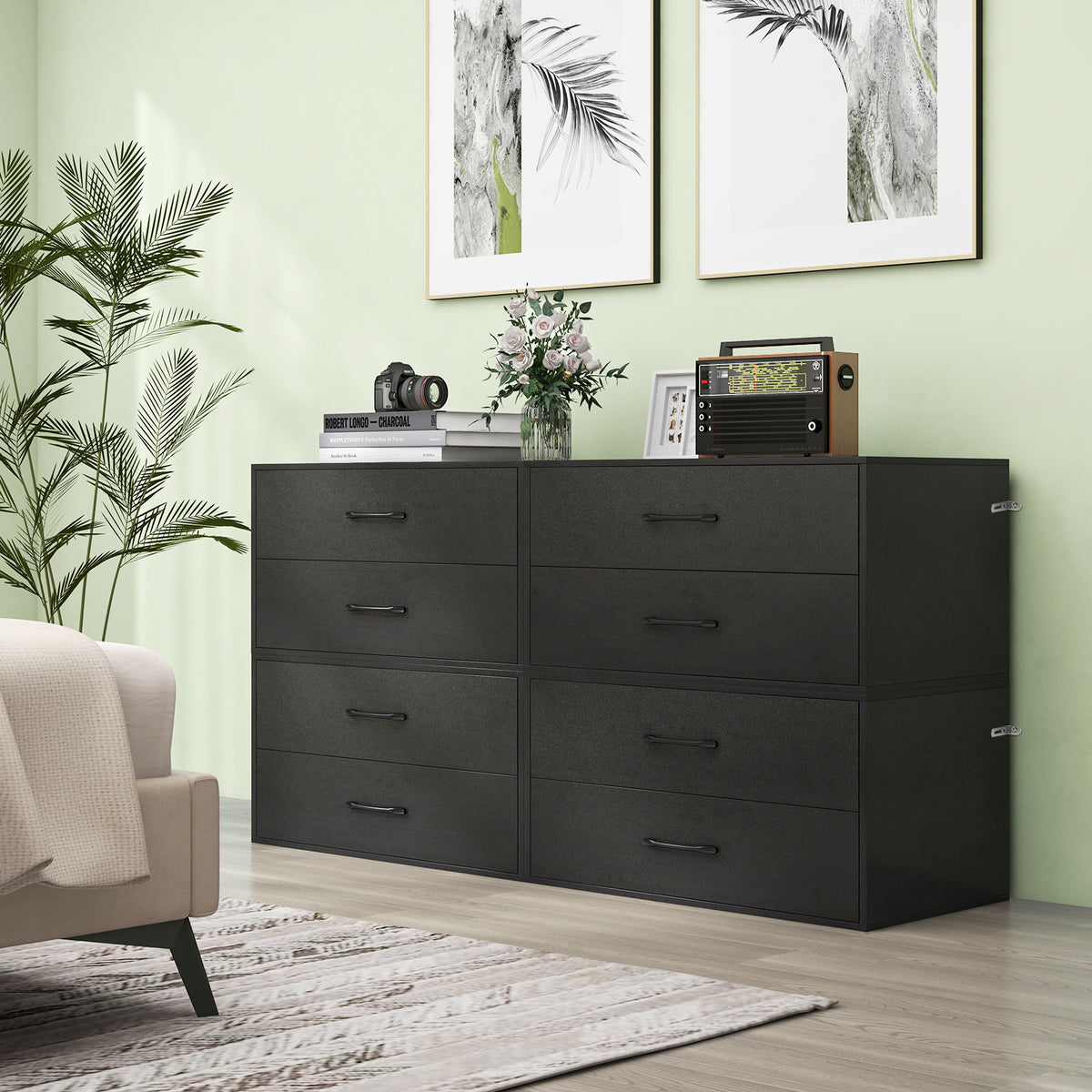 2-Drawer Stackable Storage Cabinet with Handles, Black