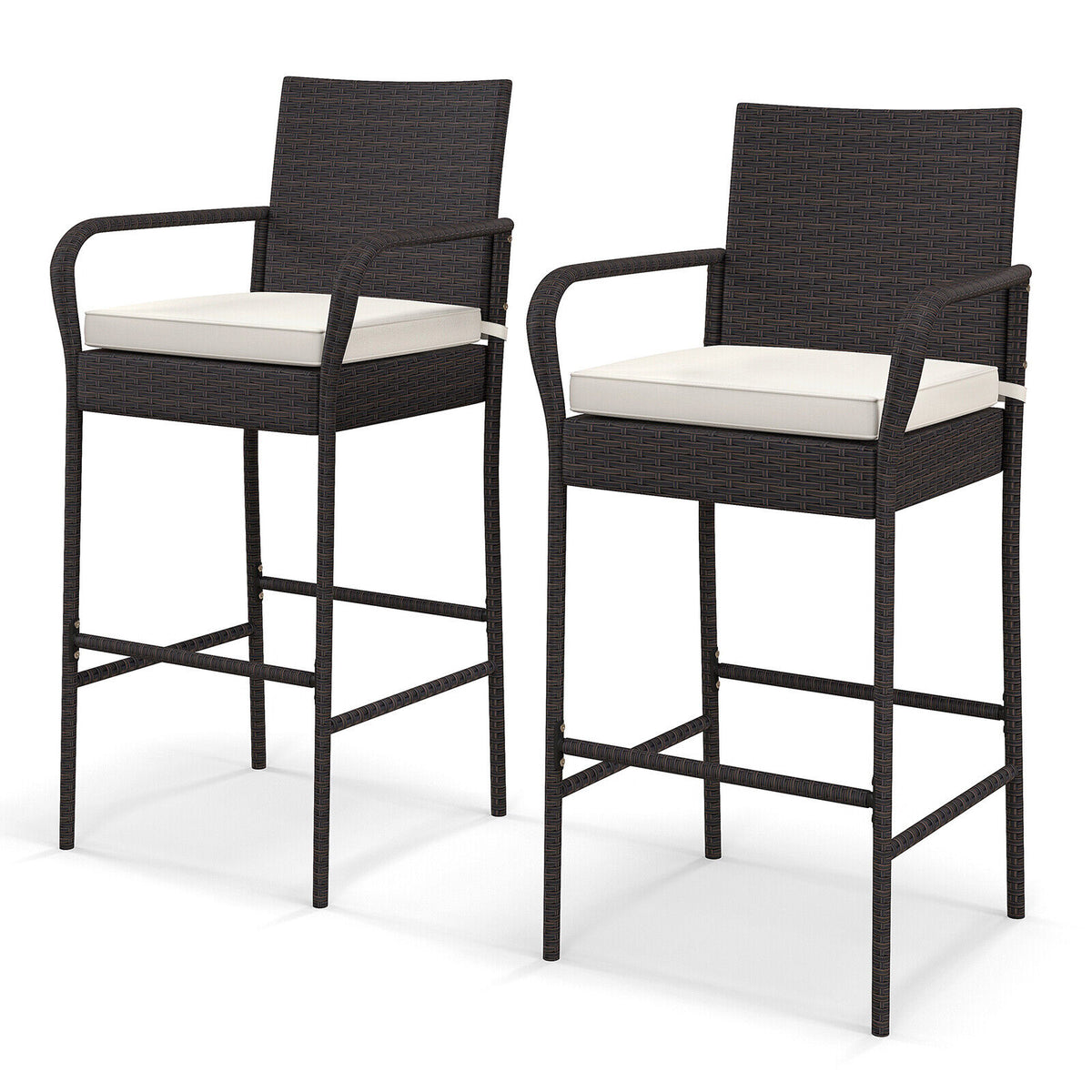 Set of 2/4 Patio Wicker Barstools with Seat Cushion and Footrest