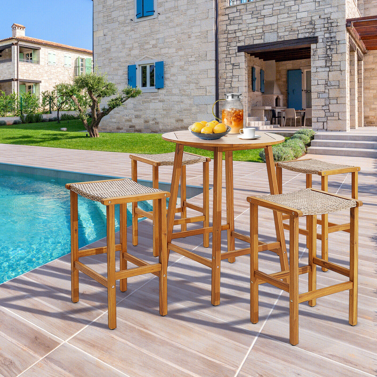 Acacia Wood Patio Bar Stools Set of 2 - 19.5" x 16.5"