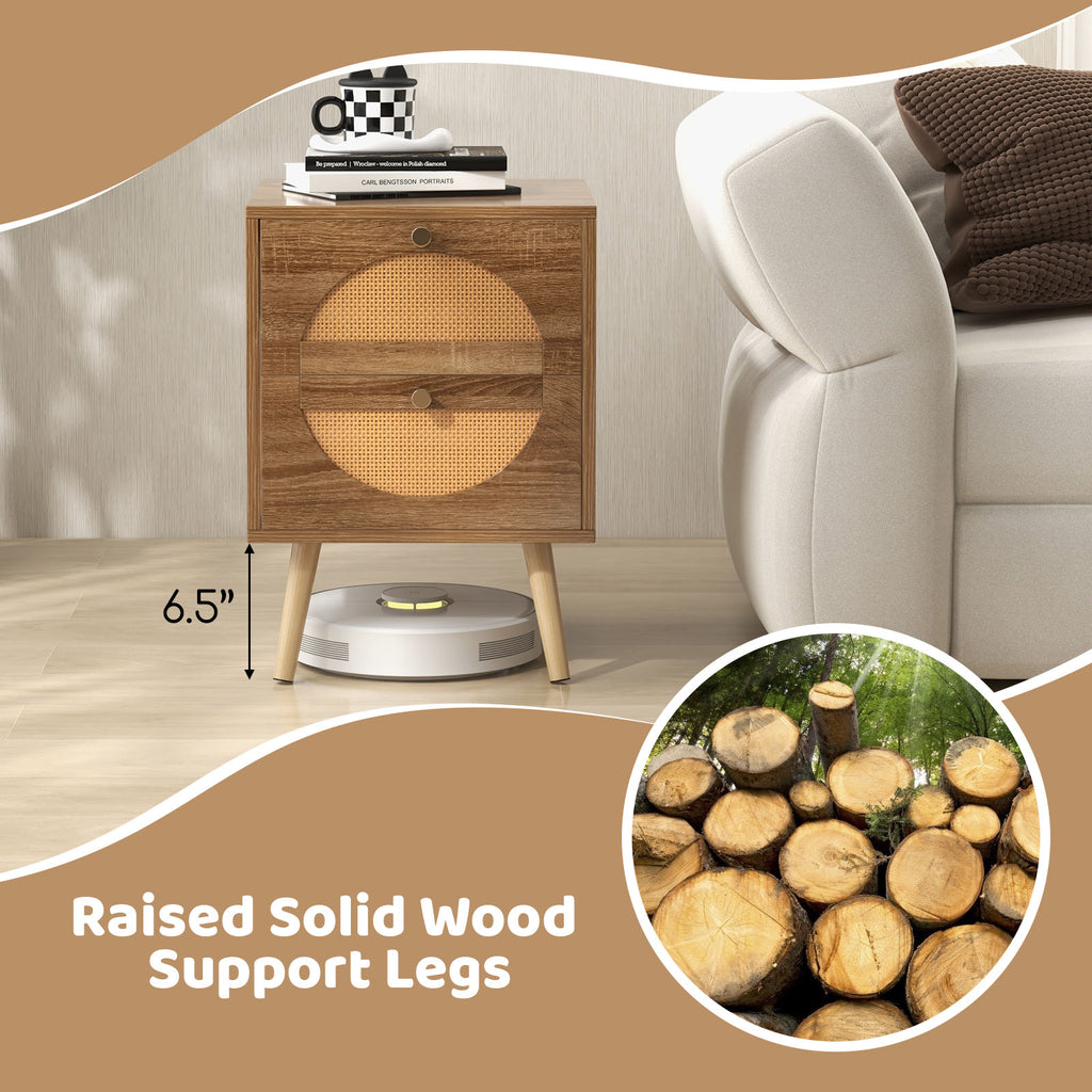 Rattan Nightstand with 2 Drawers & Wood Legs - Natural